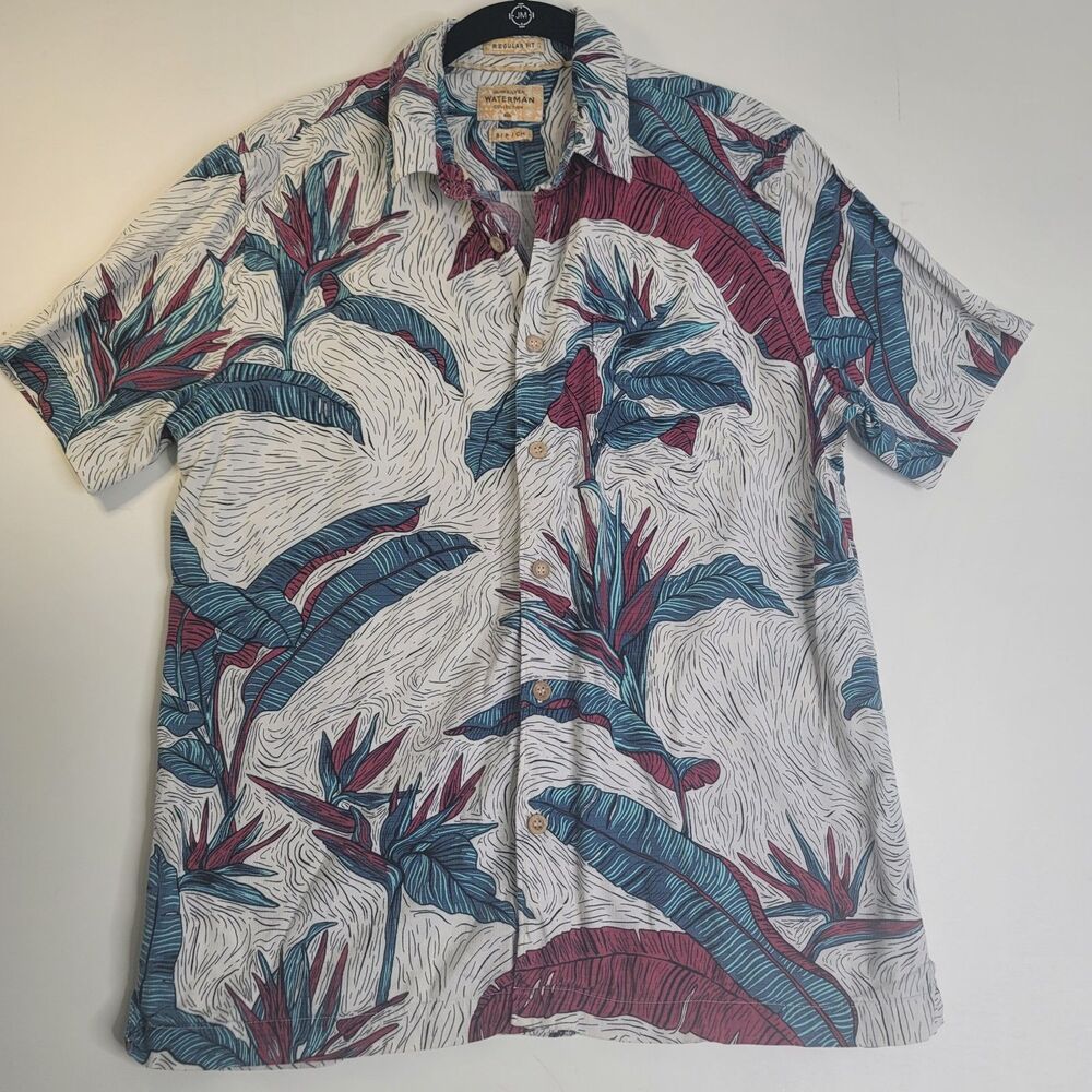 Quiksilver Waterman Collection Tropical Camp Shirt Men M White Bird of Paradise